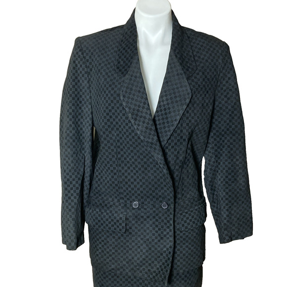 Vintage 2pc Black Checkered Leather Skirt Suit Size Medium Power Suit Office - Picture 2 of 10